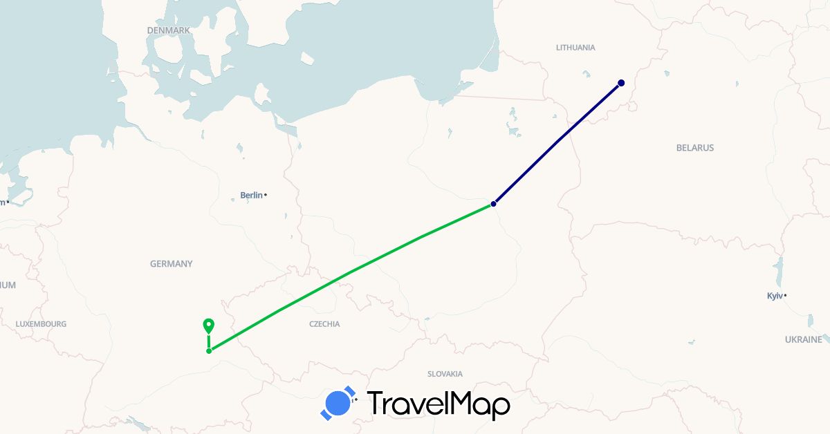 TravelMap itinerary: driving, bus in Germany, Lithuania, Poland (Europe)